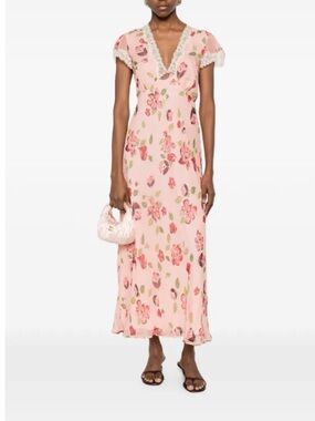 RIXO Midi Dress Clarice - Pink Floral Lace-Trim